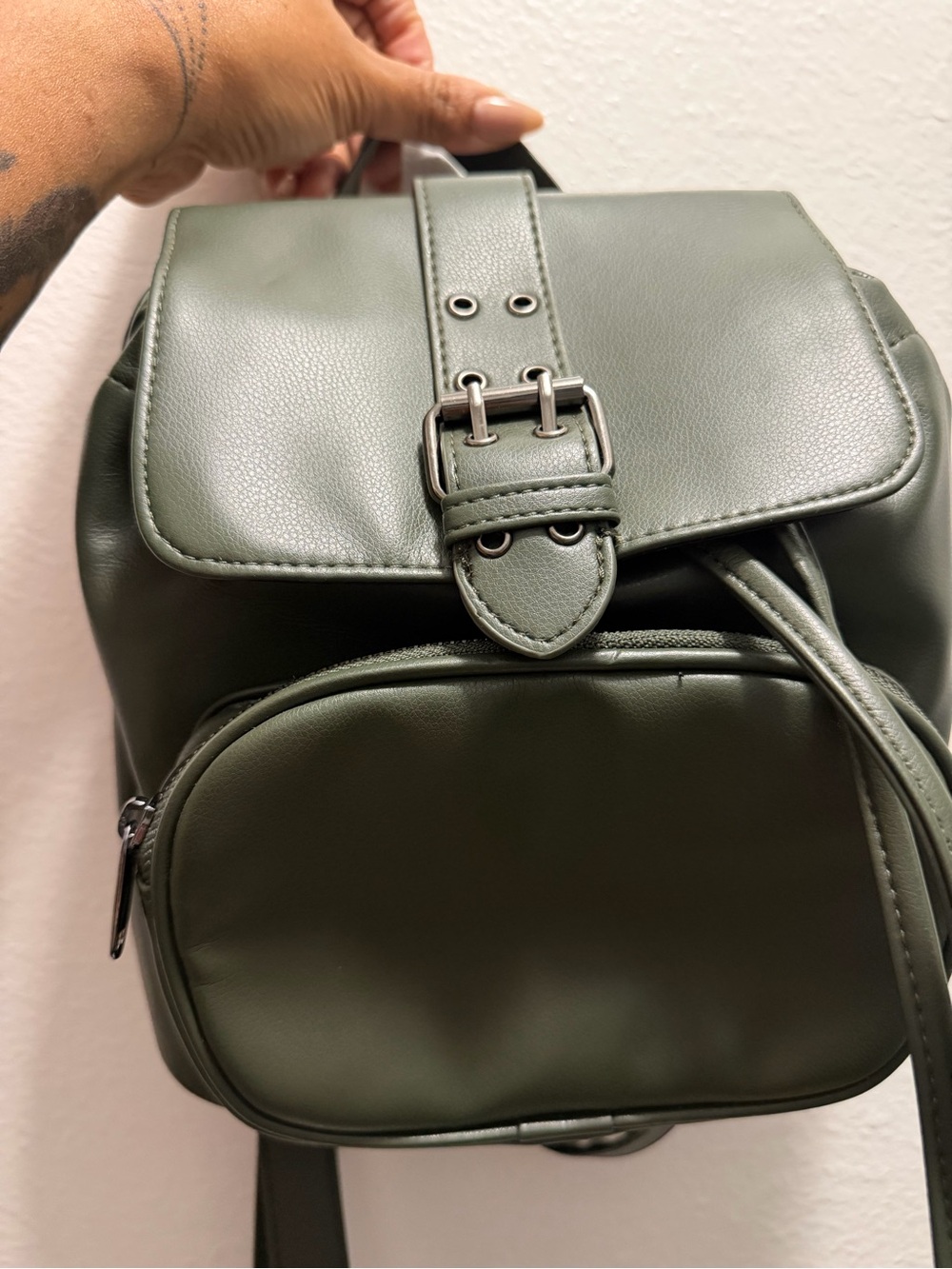 wild fable Olive Green Faux Leather Mini Backpack